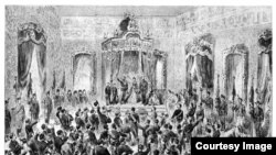 Incoronarea lui Carol I, 10 Mai 1881, litografie. Proclamarea Regatului însemna recunoașterea României ca stat suveran în Europa monarhică. Arhivele Naționale.