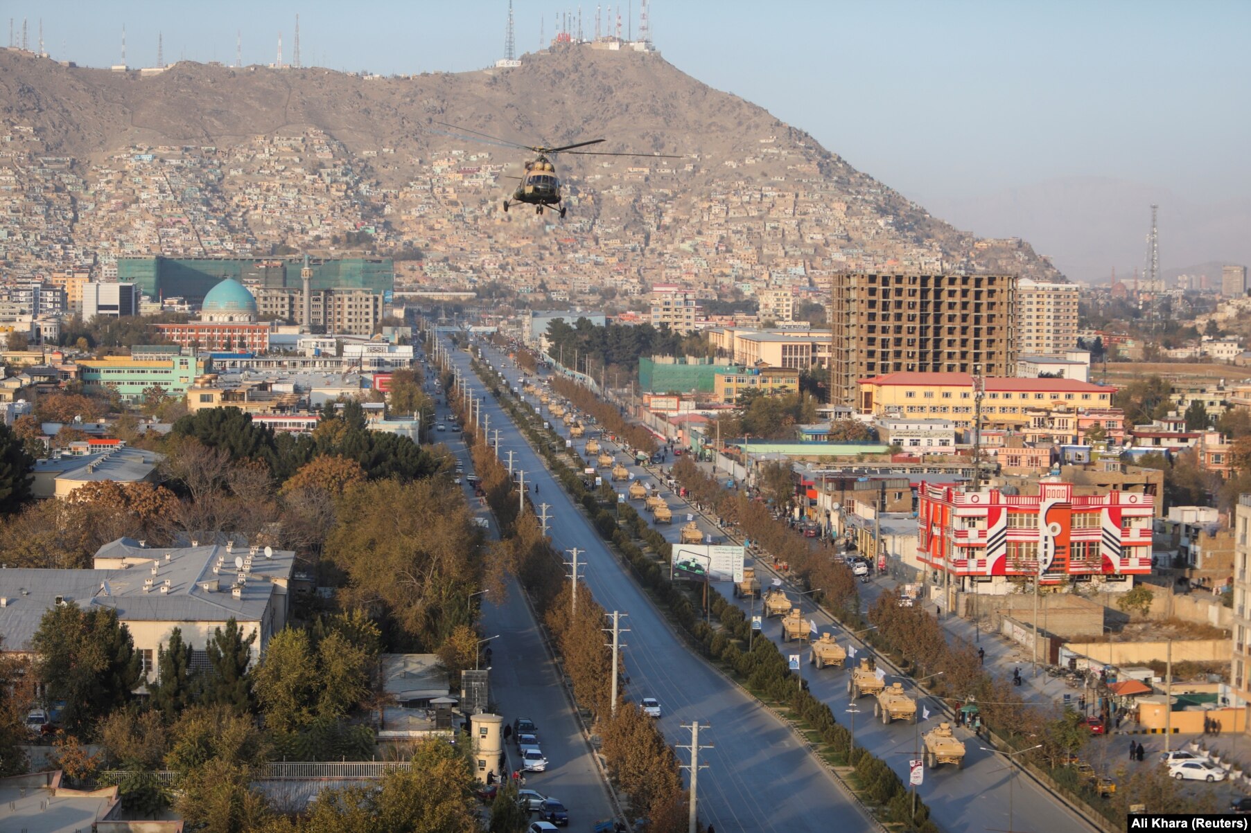 A military parade in Kabul in November featured U.S. M1117 armored vehicles and Russian Mi-17 helicopters.