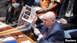 Russia's Ambassador to the UN Vasily Nebenzya repeated the claim -- without providing evidence -- that Ukraine ran biological weapons laboratories with U.S. Defense Department support.