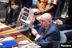 On March 11, Russian Ambassador to the UN Vasily Nebenzya repeats a claim -- without providing evidence -- that Ukraine ran biological weapons laboratories with U.S. Defense Department support.