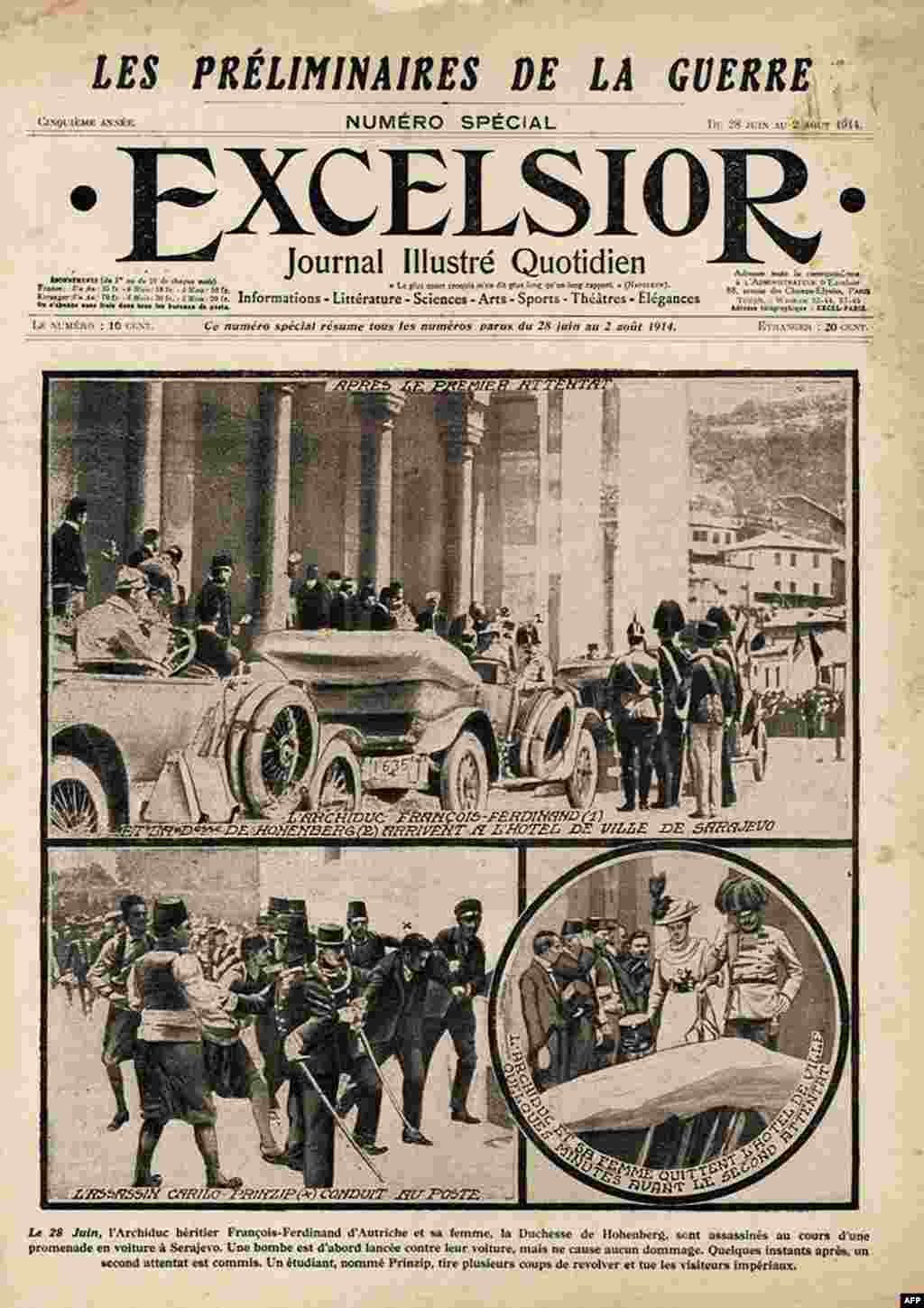 Перша сторінка газети &laquo;Ексельсіор&raquo; з інформацією про вбивство в Сараєві 28 червня 1914 року.