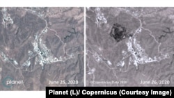 Satellite images show that, contrary to the claims of the officials of the Islamic Republic, an explosion took place in the Khajir region of East Tehran. Photos: Planet (L)/ Copernicus