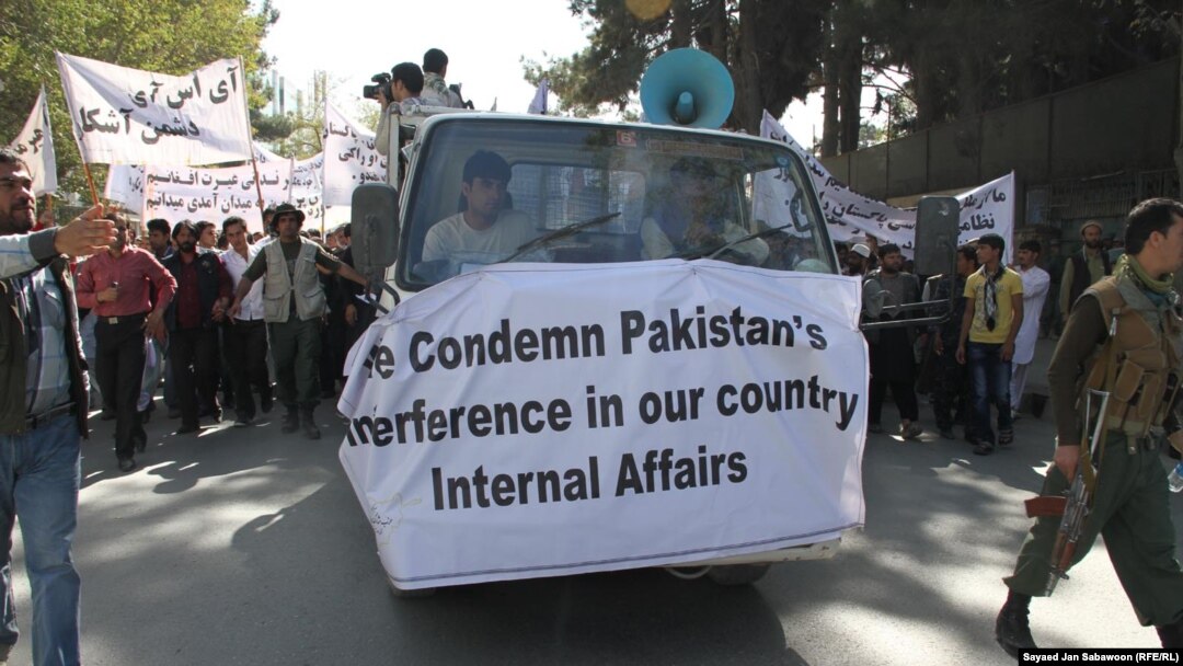 Afghan demonstrators shout anti-Pakistan slogans during a protest in Kabul on October 2. 