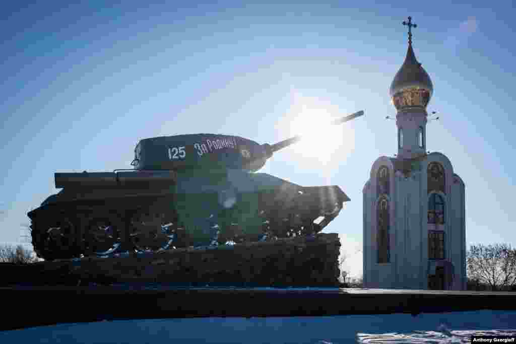 A T-34 Soviet tank from World War II stands in downtown Tiraspol. During that war, the region came under Romanian and Axis occupation, and was the site of concentration camps where hundreds of thousands were killed.