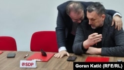 Predsjednici SDP BiH i NiP Nermin Nikšić i Elmedin Konaković u Banjaluci 19. februara 2026. 