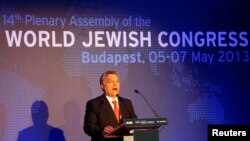 Premierul Viktor Orban vorbind la cea de-a 14-a Adunare plenară a Congresului Mondial Evreiesc, la Budapesta. 