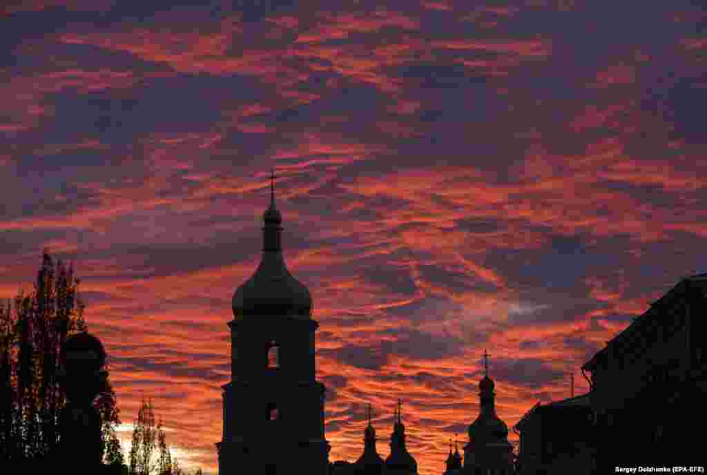 The sun sets above St. Sophia&#39;s Cathedral in downtown Kyiv, Ukraine.&nbsp;