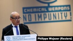 French Foreign Affairs Minister Jean-Yves Le Drian delivers a speech during a foreign ministers’ meeting on the International Partnership against Impunity for the Use of Chemical Weapons, in Paris, January 23, 2018