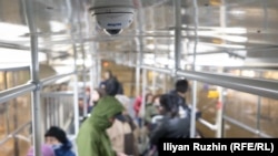 A Hikvision camera on the ceiling of a tram in Sofia