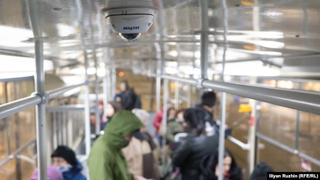 A Hikvision camera on the ceiling of a tram in Sofia