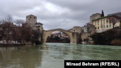 Bosnia and Herzegovina, Mostar, Neretva River, under the Old Bridge in Mostar on January 19, 2023. 