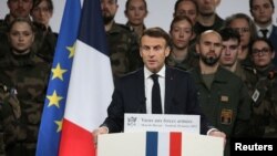 French President Emmanuel Macron delivers his New Year's address to the French Army at the Mont-de-Marsan air base in France on January 20,.
