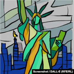 O imagine generată de DALL-E pentru Statuia Libertății, cu solicitarea ca aceasta să fie în stilul pictorului Pablo Picasso.