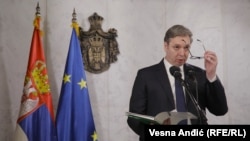 Predsednik Srbije Aleksandar Vučić posle sastanka sa evropsko-američkim timom diplomata o dijalogu Srbije i Kosova, Beograd, 20. januar 2023.