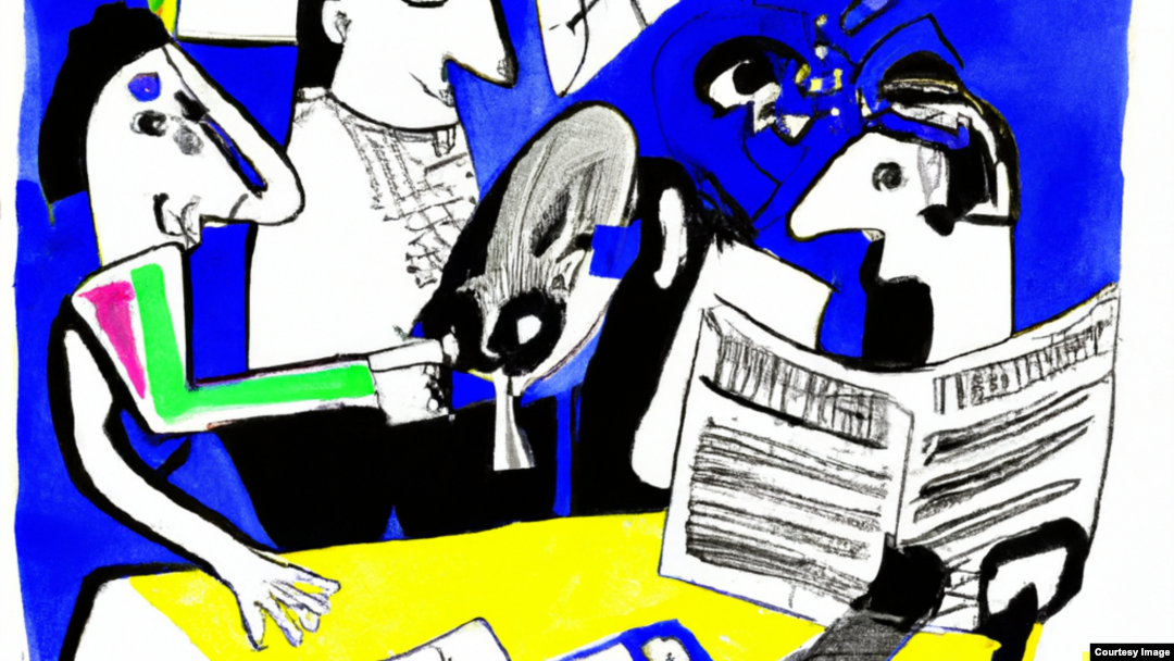 Readacție Europa Liberă a solicitat DALL-E să reproducă o imagine în stilul lui Pablo Picasso despre o redacție. Mai e ceea ce a generat AI-ul.