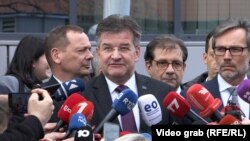 The European Union's special envoy for the Kosovo-Serbia dialogue Miroslav Lajcak talks to reporters on January 20.