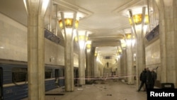 The site of the explosion at the Kastrychnitskaya (October Square) subway station in Minsk, where a powerful bomb packed with metal balls ripped through the evening rush-hour crowd.