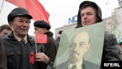 Russian Communists march to mark the 92nd anniversary of the revolution in Moscow.