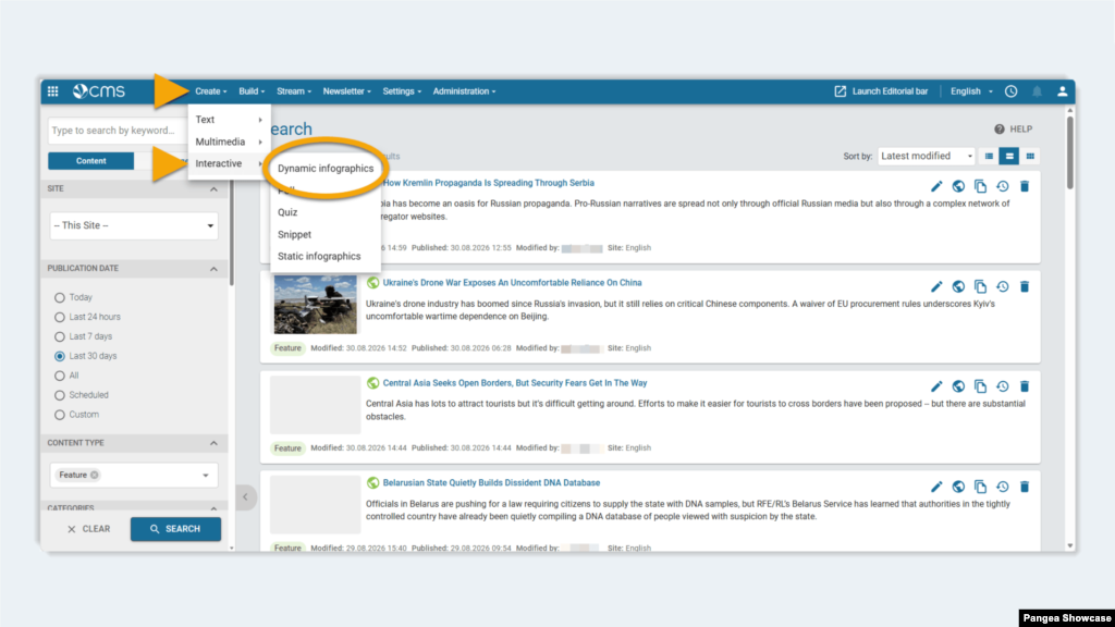 Open Pangea CMS and go to <strong>Create</strong> > <strong>Interactive</strong> > <strong>Dynamic infographic</strong> in the primary navigation.