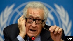 UN-Arab League envoy for Syria Lakhdar Brahimi speaks at United Nations headquarters in Geneva on January 31.