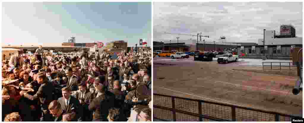 Left photo: U.S. President John F. Kennedy and First Lady Jacqueline Kennedy greet supporters at Dallas Love Field in Dallas, Texas, on November 22, 1963. Right: The same scene at the site of the original photo on November 9, 2013. 