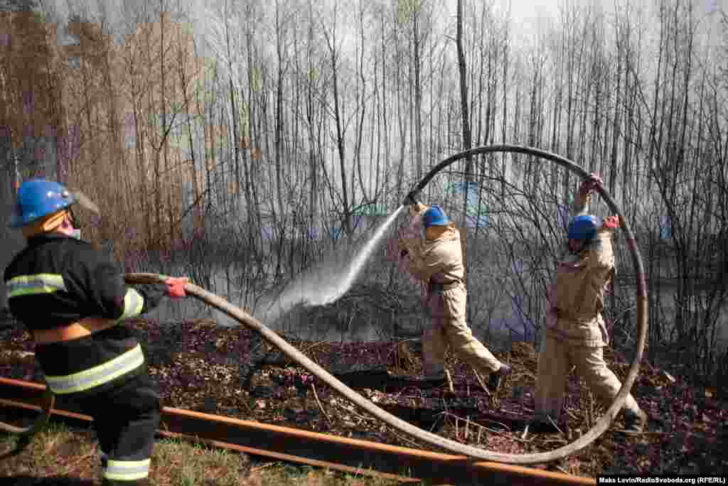 Пожежні поливають палаючу лісосмугу біля залізничного полотна