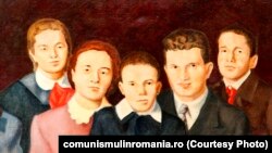 Familia Ceaușescu (ulei pe pânză) de Dumitru Rusu. Pânza a fost oferită de C.J. de partid Suceava; 4 ianuarie 1979, Muzeul Național de Istorie, inv. S 7070, sursa: comunismulinromania.ro