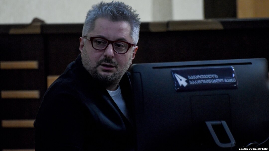 Georgian opposition journalist Nika Gvaramia is seen in court during his trial on corruption charges.