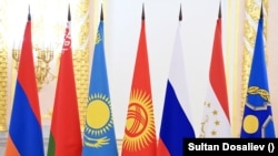 Russia - Flags of the member states of the Collective Security Treaty Organization (CSTO) are displayed during a summit in Moscow, May 16, 2022.