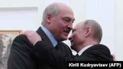 Russian President Vladimir Putin (right) greets Alyaksandr Lukashenka during their meeting at the Kremlin, in Moscow, in December 2018.