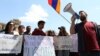 Armenia - Opposition supporters demonstrate outside the venue of the Democracy Forum attended by Armenian officials and Western diplomats, Yerevan, May 20, 2022.