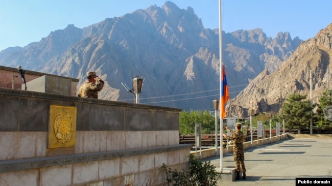 Armenia - The Armenian flag is hoisted at a military base on the border with Iran, October 7, 2021.