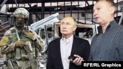 Владимир Путин и Николай Патрушев на фоне российского солдата в разрушенном Мариуполе
