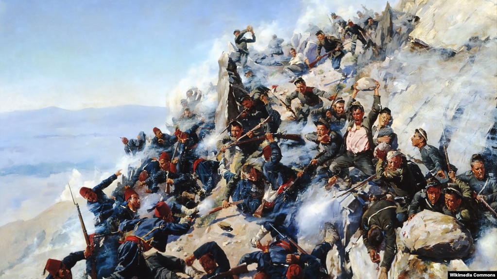 Русские солдаты и болгарские добровольцы отбиваются от османской армии во время обороны перевала Шипка в августе 1877 года. Картина Алексея Попова (1893)