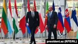 Belgium - European Council President Charles Michel and Azerbaijani President Ilham Aliyev meet in Brussels, May 22, 2022.