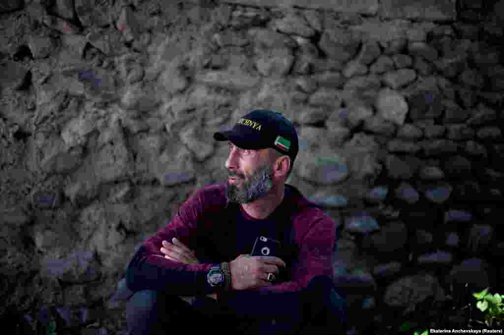 Abu Achishvili, a mountain guide in Duisi, wearing a hat with a Chechen flag on it. Most of the gorge's inhabitants are Kists – Muslims with ethnic links to Russia’s nearby Chechen republic -- or Chechens who fled there during the wars of the 1990s.