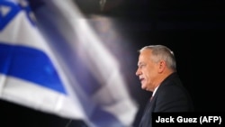 Benny Gantz the main challenger to Benjamin Netanyahu speaks during an electoral campaign gathering, in Tel Aviv, February 19, 2019