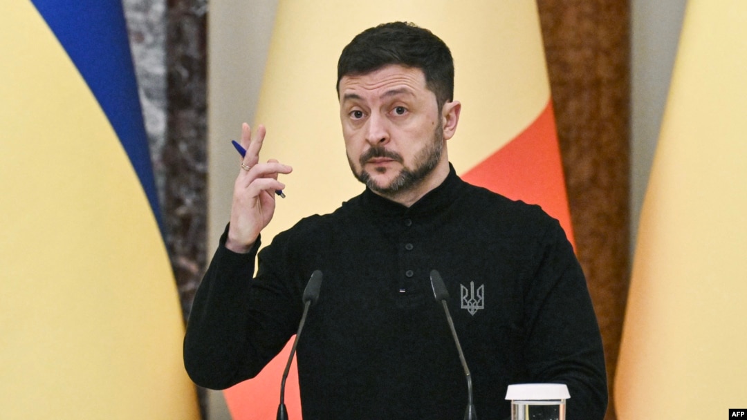 Ukrainian President Volodymyr Zelenskyy speaks during a press conference in Kyiv on April 8. 