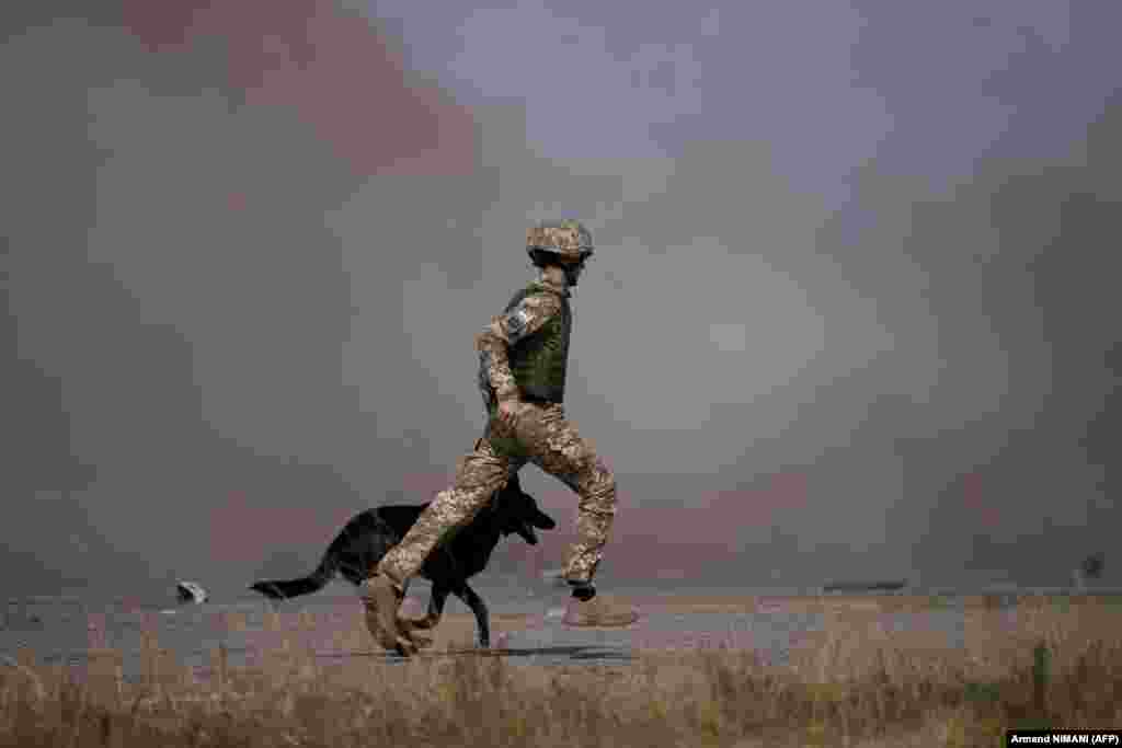 Një ushtar i NATO-s duke vrapuar bashkë me një qen ushtarak, teksa merrnin pjesë në një ushtrim rutinor në mbështetje të KFOR-it në Kosovë.