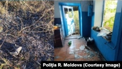 Colaj de imagini publicat de Poliția R. Moldova, înfățișând o casa aparent nelocuită, care a fost deteriorată de o dronă explodată în apropiere de Crocmaz, fragmente ale dronei fiind văzute și în imaginea din stânga 