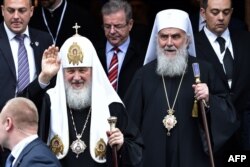   The head of the Russian Orthodox Church, Patriarch Kirill, with the Serbian Patriarch Ireneus in Belgrade 14 November 2014 