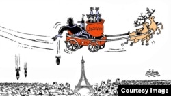 كاريكاتير بريشة الرسام السوري ياسين الخليل يصور داعش بهيئة بابا نويل فوق العاصمة الفرنسية - دمشق 25 كانون الأول 2014
