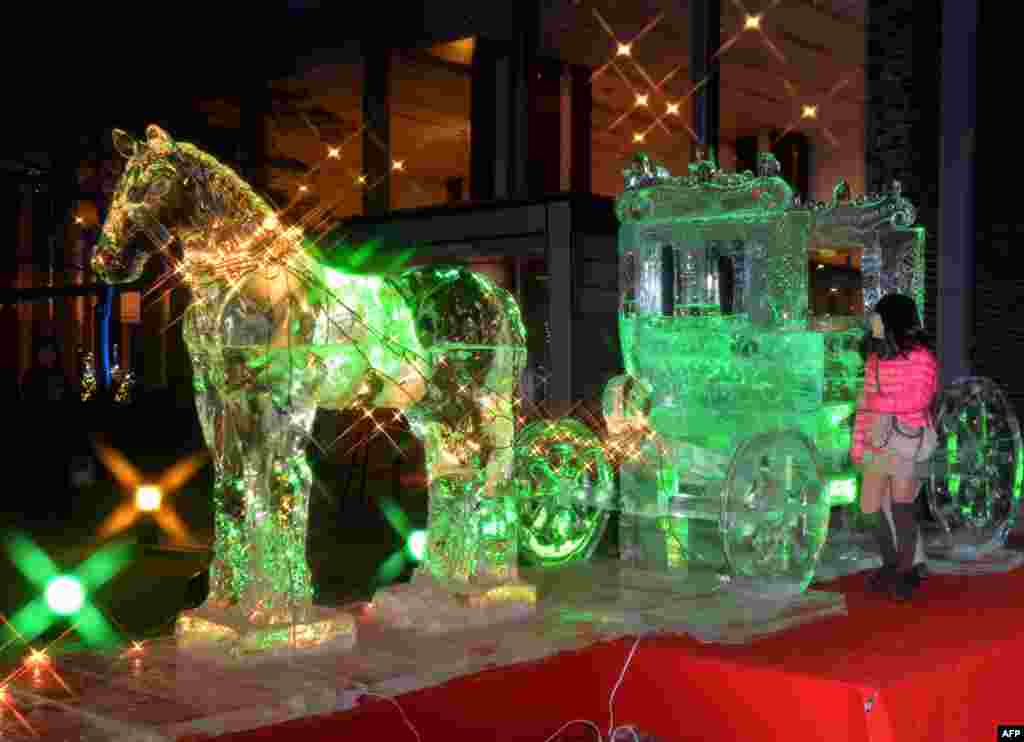 A horse-drawn carriage made of ice is displayed with LED illuminations in a garden in Tokyo, Japan. (AFP/Yoshikazu Tsuno)