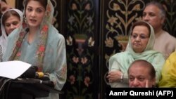 Nawaz Sharif (right) attends a press conference of his daughter, Maryam Nawaz (left), in Islamabad in May.