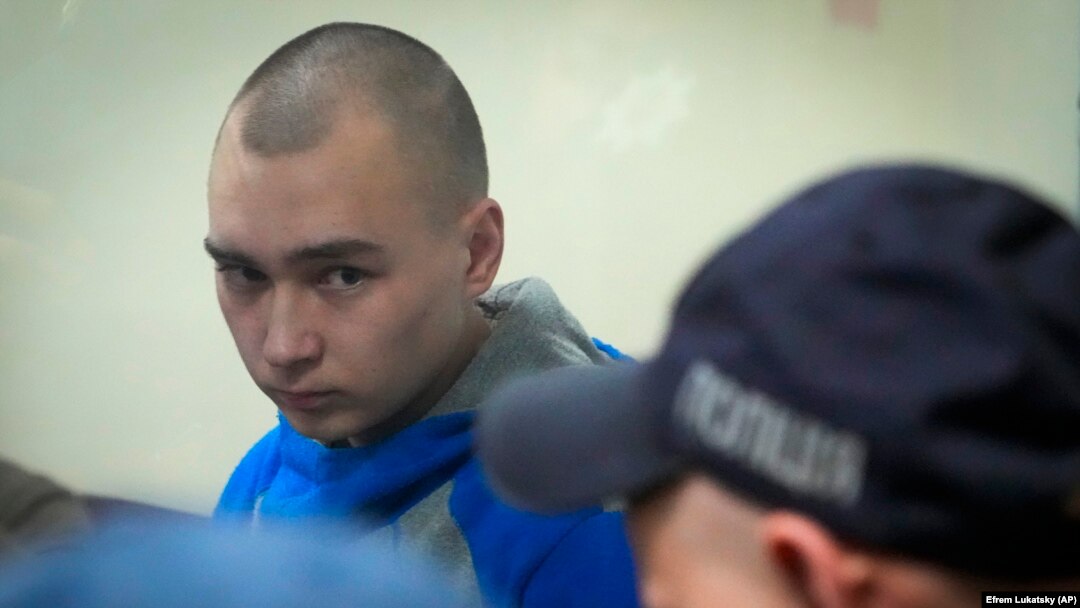 Russian soldier Vadim Shishimarin is seen in court in Kyiv while standing trial for war crimes on May 18.