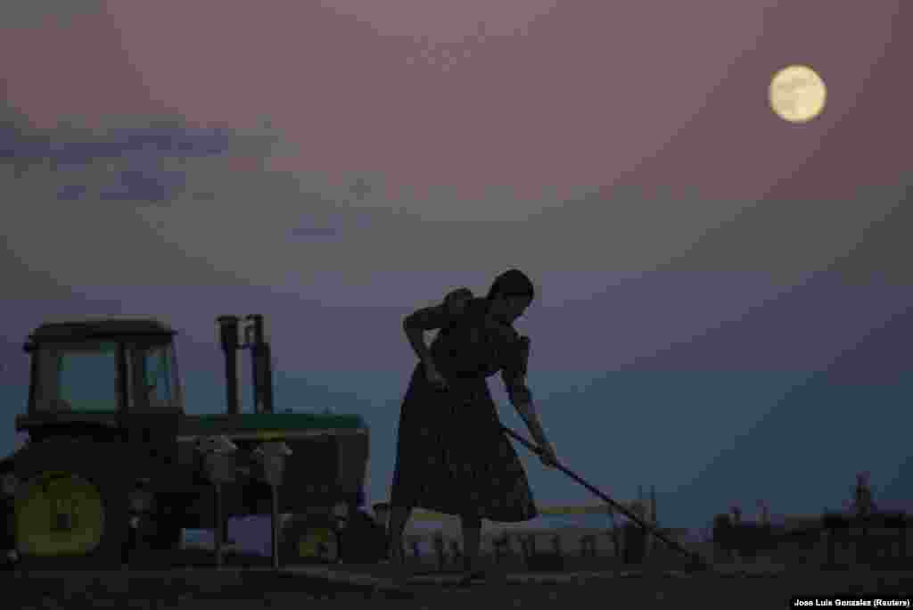 Egy nő söpri a tornácot a mennonita közösségben