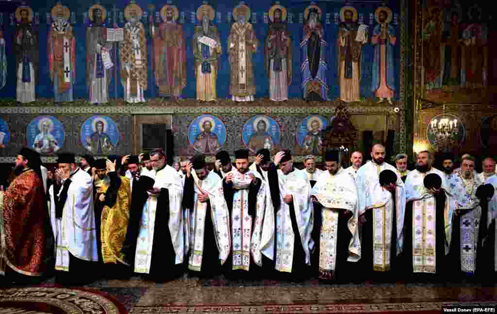 Orthodox priests inside the Sveta Nedelya Church in central Sofia during a ceremony to put the relics on display. &nbsp;