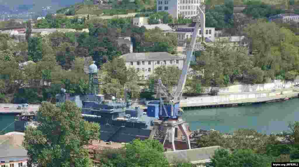 A picture of the Novocherkassk from May 20 while it was undergoing repairs at the shipyard in Russian occupied-Crimea. The commander of Ukraine&rsquo;s air force, Lieutenant General Mykola Oleshchuk, said in a post to Telegram that &ldquo;Russia&rsquo;s naval fleet is getting smaller,&rdquo; and suggested Ukrainian jets were involved, but gave no other details.