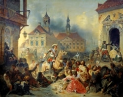 Петр I в России усмиряет свои мародерствующие войска после взятия Нарвы в 1704 году. Картина Николая Зауэрвейда, 1859 год