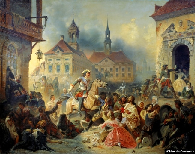 Пётр I усмиряет ожесточенных солдат своих при взятии Нарвы в 1704 году. Картина Николая Зауэрвейда, 1859 год